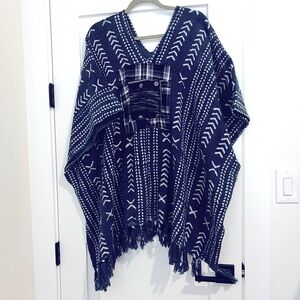 African Mudcloth- hand made Blue and White Patterned Poncho. Has arm holes